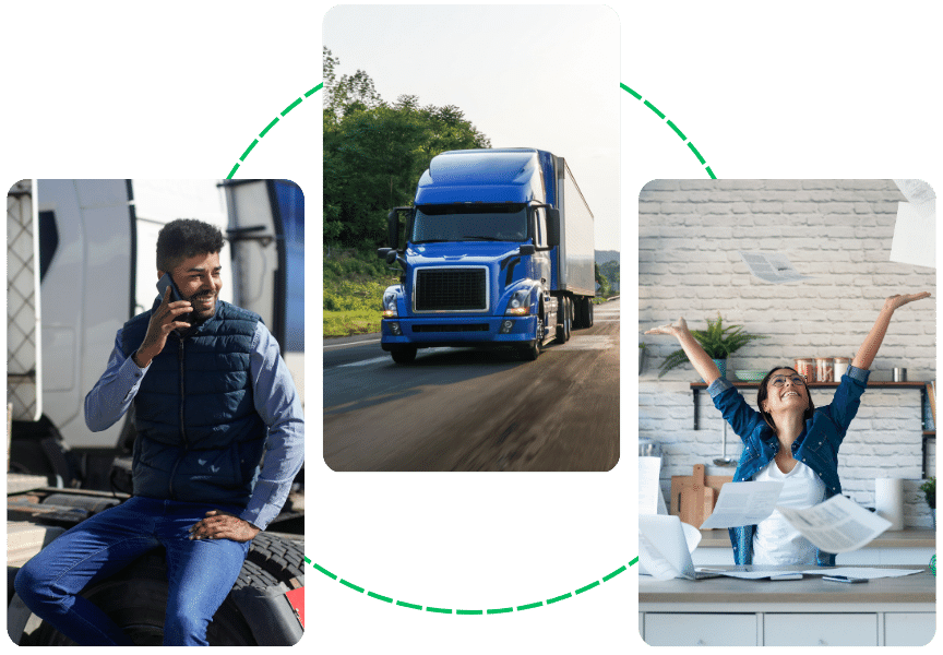 3 images: a trucker on his phone, a semi-truck driving, and a businesswoman throwing paid invoices in the air. All are succeeding in their business by using invoice factoring.