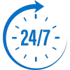 Clock displaying '24/7,' symbolizing the round-the-clock live support and funding available for freight broker factoring clients.