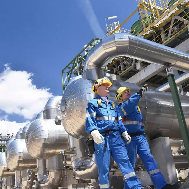 Two oil and gas technicians working, enjoying the benefits of fast funding through oil & gas invoice factoring.
