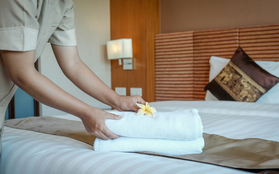 Bedding and linens in a luxury hotel room