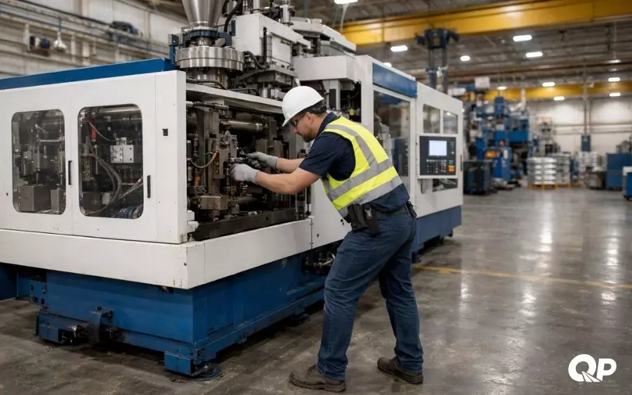 Mechanical service worker repairing industrial manufacturing equipment.